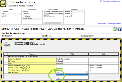 Parameters Editor showing the Fault Reaction options circled